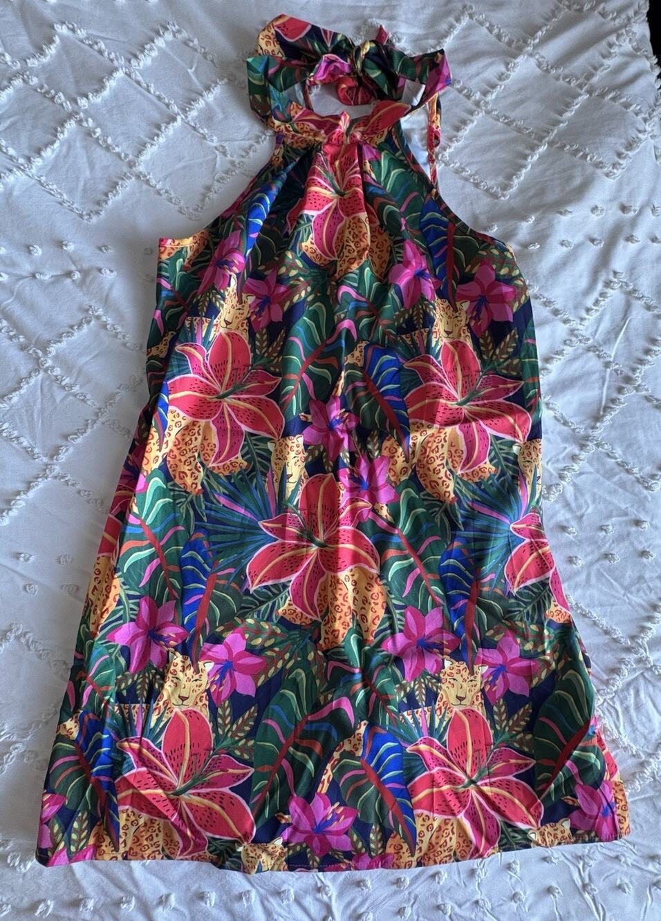 Floerns Tropical Leopard Floral Halter Mini Dress Size Small NWT